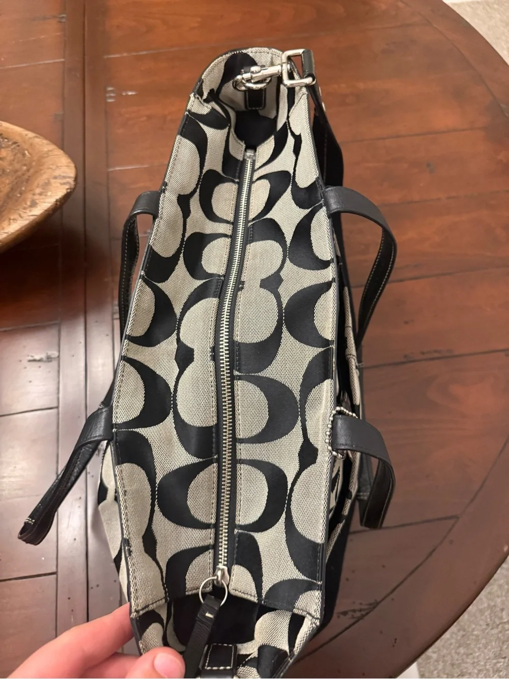 Coach Black and Cream Signature Canvas Tote with Tag and Medallion
